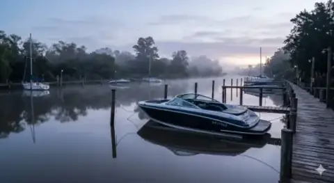Lancha amarrada en una marina del Delta al amanecer